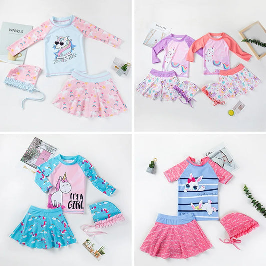 Summer Girls Swimwear Suit Baby Toddler Alpaca Unicorns Rabbit Cartoon Pattern Bodysuit+Cap+Short Dress Three-piece Set