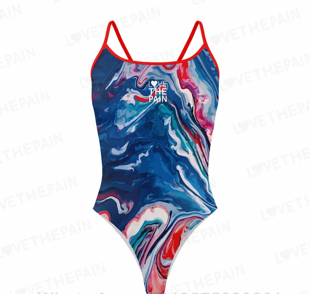 Blue Pink & Red Swirls Love The Pain Female One-piece Swimsuit  Swimwear Functional Training