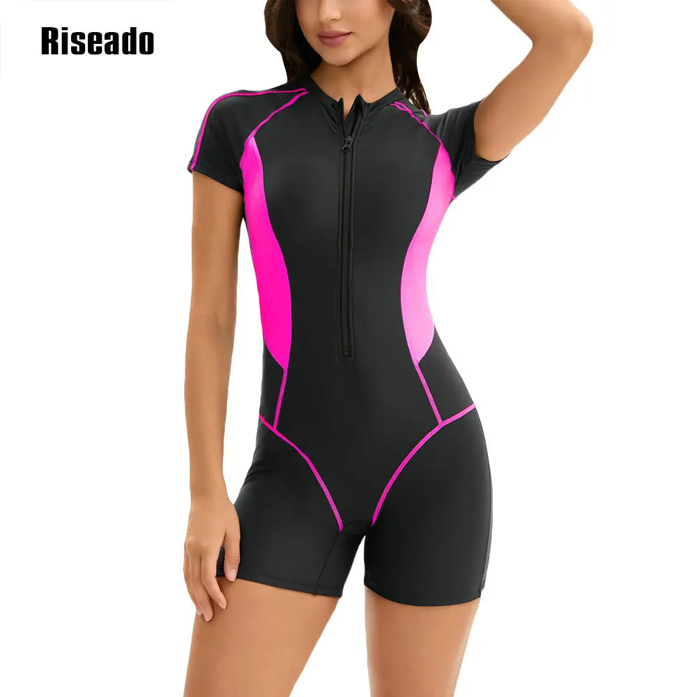Modest Full Body One Piece Bathing Suit Short Sleeve Tummy Control Swimsuit Zipper Surfing Athletic Rash Guard with Boyshorts