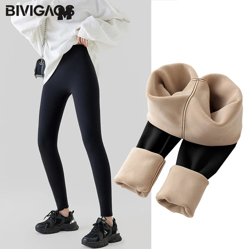 Autumn Winter Alpaca Velvet Shark Leggings Women Thick Warm Leggings High Waist Seamless Slim-Fit Thermal Pants