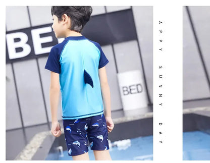 Children's Cartoon Shark Short Sleeve Split Swimwear with Swim Cap, Sun Protection Beach Wear, Baby Boys Swimsuit