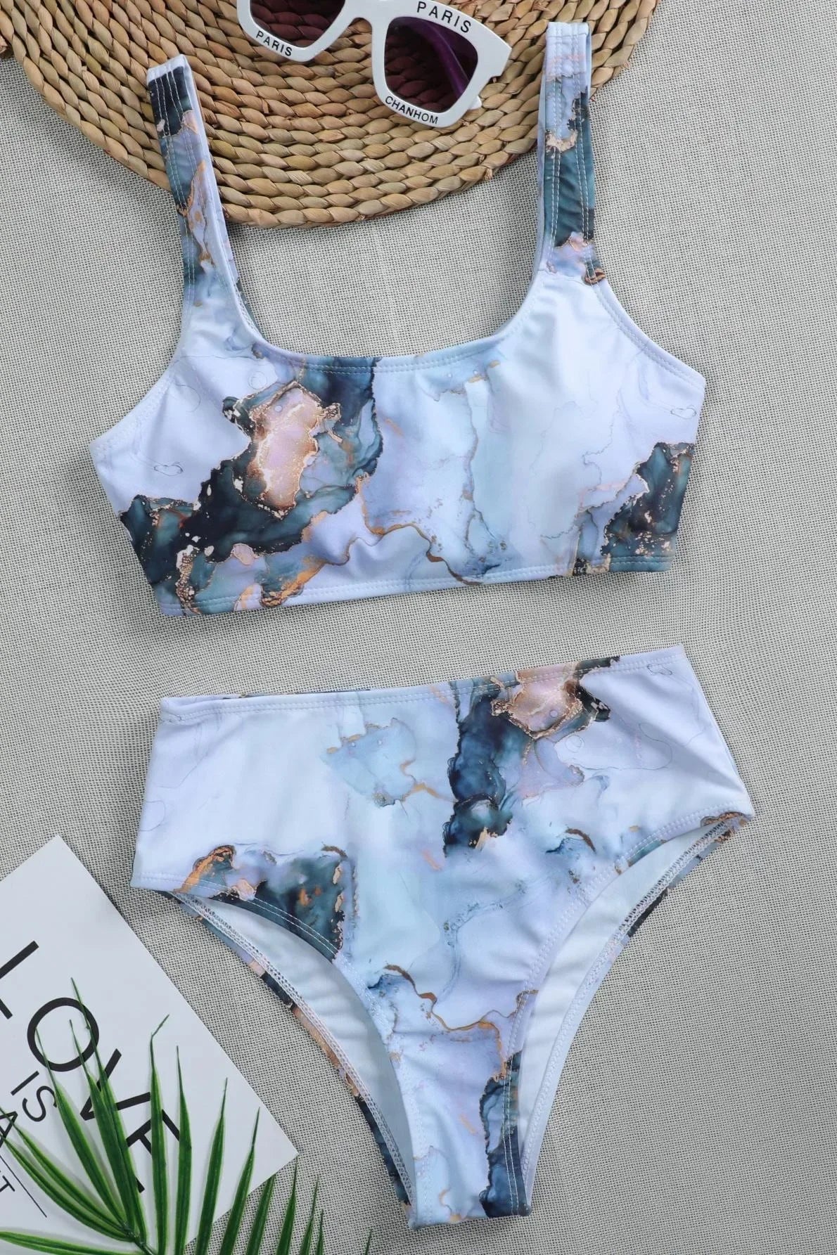Sport Bikini Set Women Swimsuit Push Up High Waist Marble Blooming Print Swimwear Female Bathing Suit