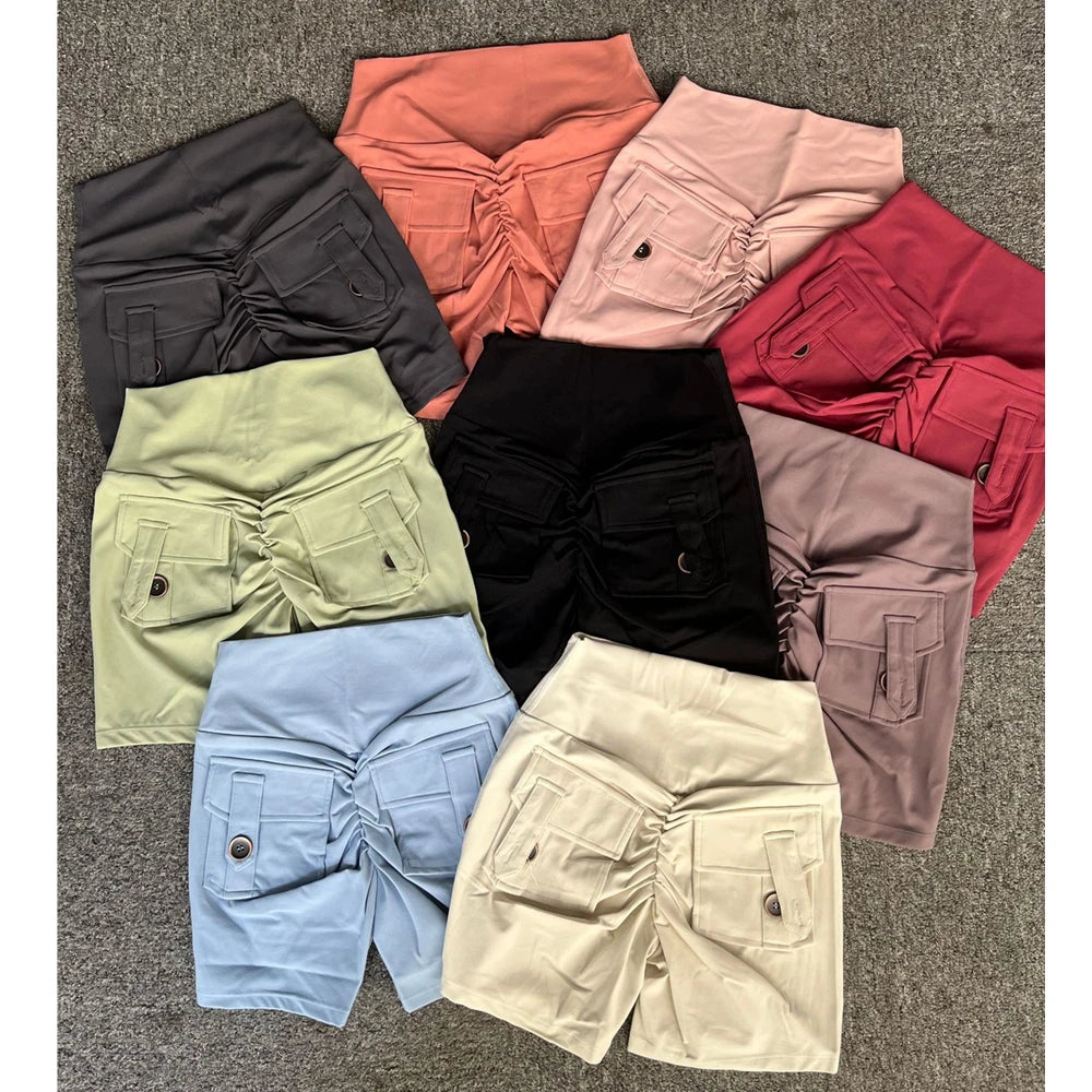 Scrunch Women Button Booty Pocket Sports Yoga Shorts Cycling Jogging Fitness High Waist Squat Proof Gym Active Leggings