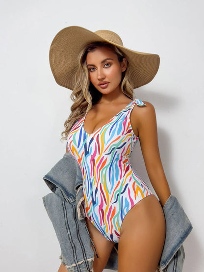 Stripy Print Lady Swimwear Women Tied Strapped One Piece Swimsuit Monokini Push Up Brazilian Beach Bathing Suit