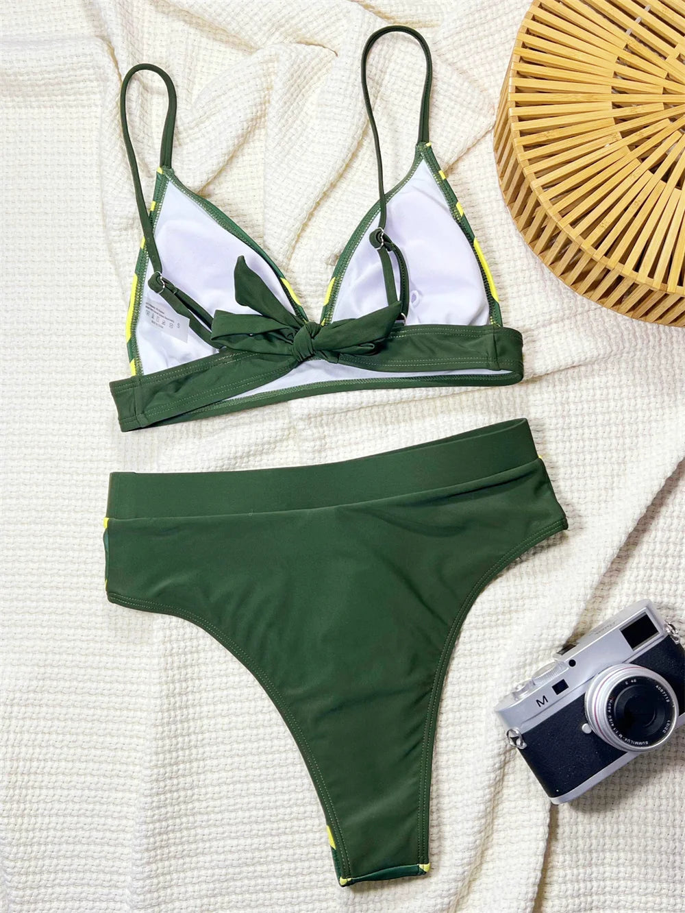Green Print Halter Bikini Set High Waist Female Swimsuit Women Swimwear Two-pieces Thong Biquini