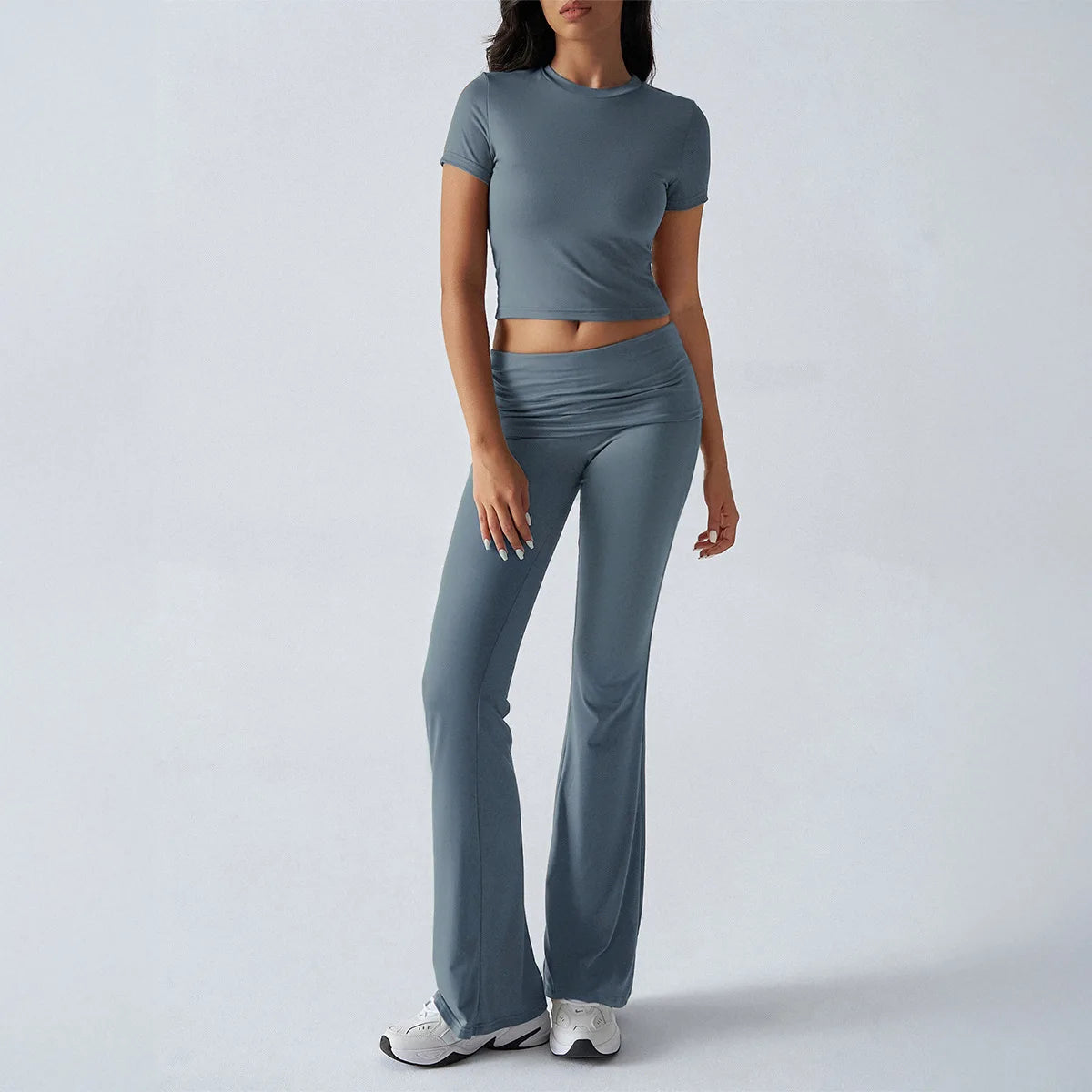 Foldable 2PCS Yoga Set Women Short Sleeve Crop Top Slim Fit High Waist Flare Leggings Fitness Suit Workout Gym Running Tracksuit