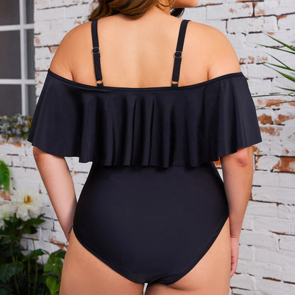 Plus Size Swimwear Women One-piece One Shoulder Solid Swimsuit Beachwear Ruffles Lace Up High Waist Bathing Suit 4XL