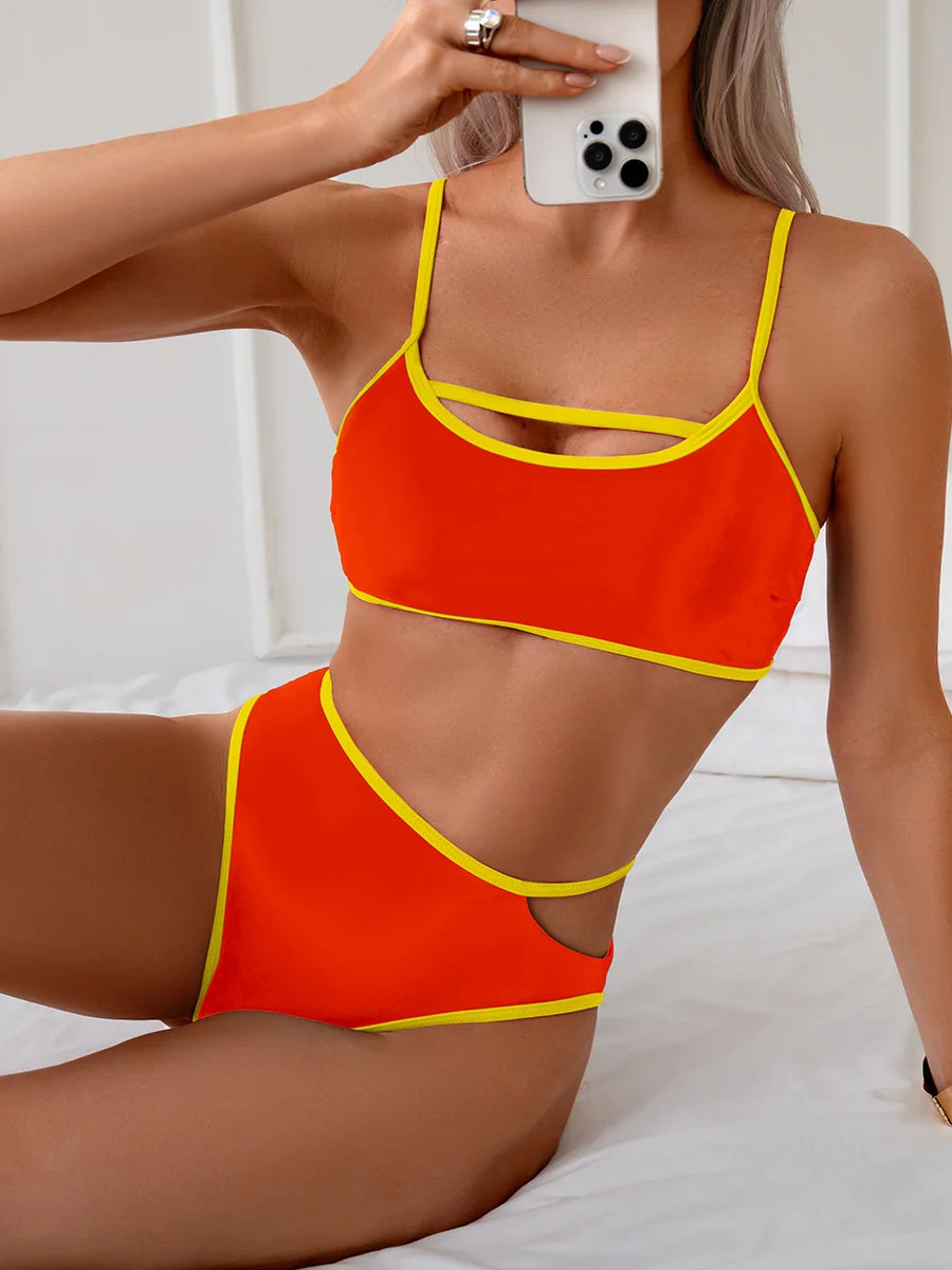 Women's Contrast-Trim Cut-Out Bikini Set