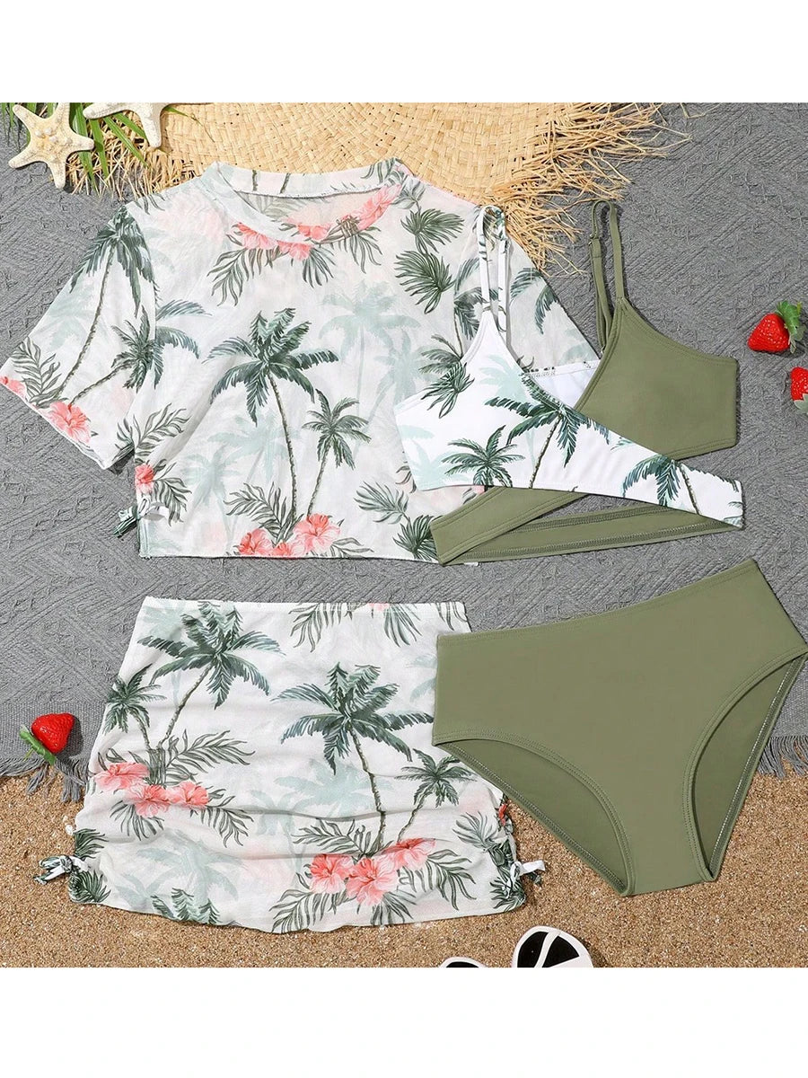 Print Cross 4 Pieces Bikini Girls Swimsuit Kids Swimwear Female Children's Bathers Bathing Swimming Swim Suit Beachwear
