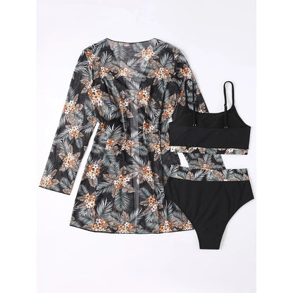 Three Pieces Bikini Set Cover Up Swimwear High Waisted Bikini Set Women's Swimwear Print  For Female Bath Suit Tropical