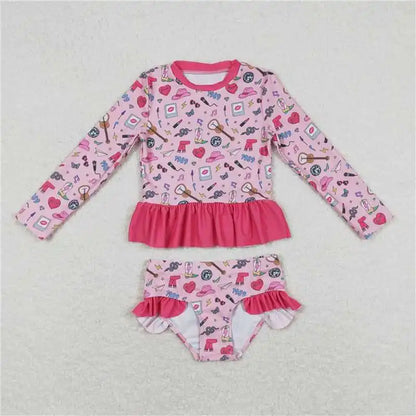 Fashion Baby Girls Swimwear Set Rash Guard Long Sleeve Bathers Kids