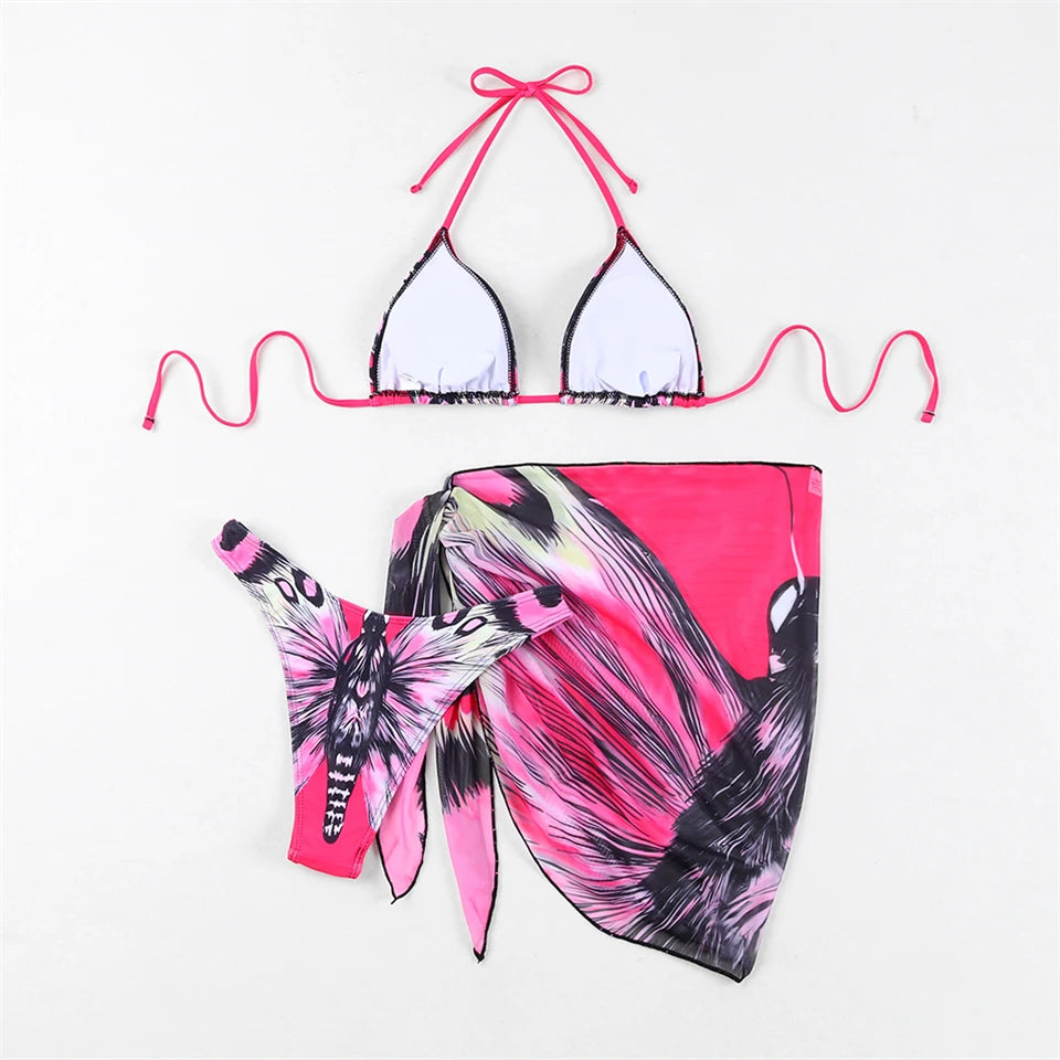 3 Pieces Bikini With Beach Skirt Butterfly Print String Bathing Suit Women Swimwear Female Swimming Swimsuit