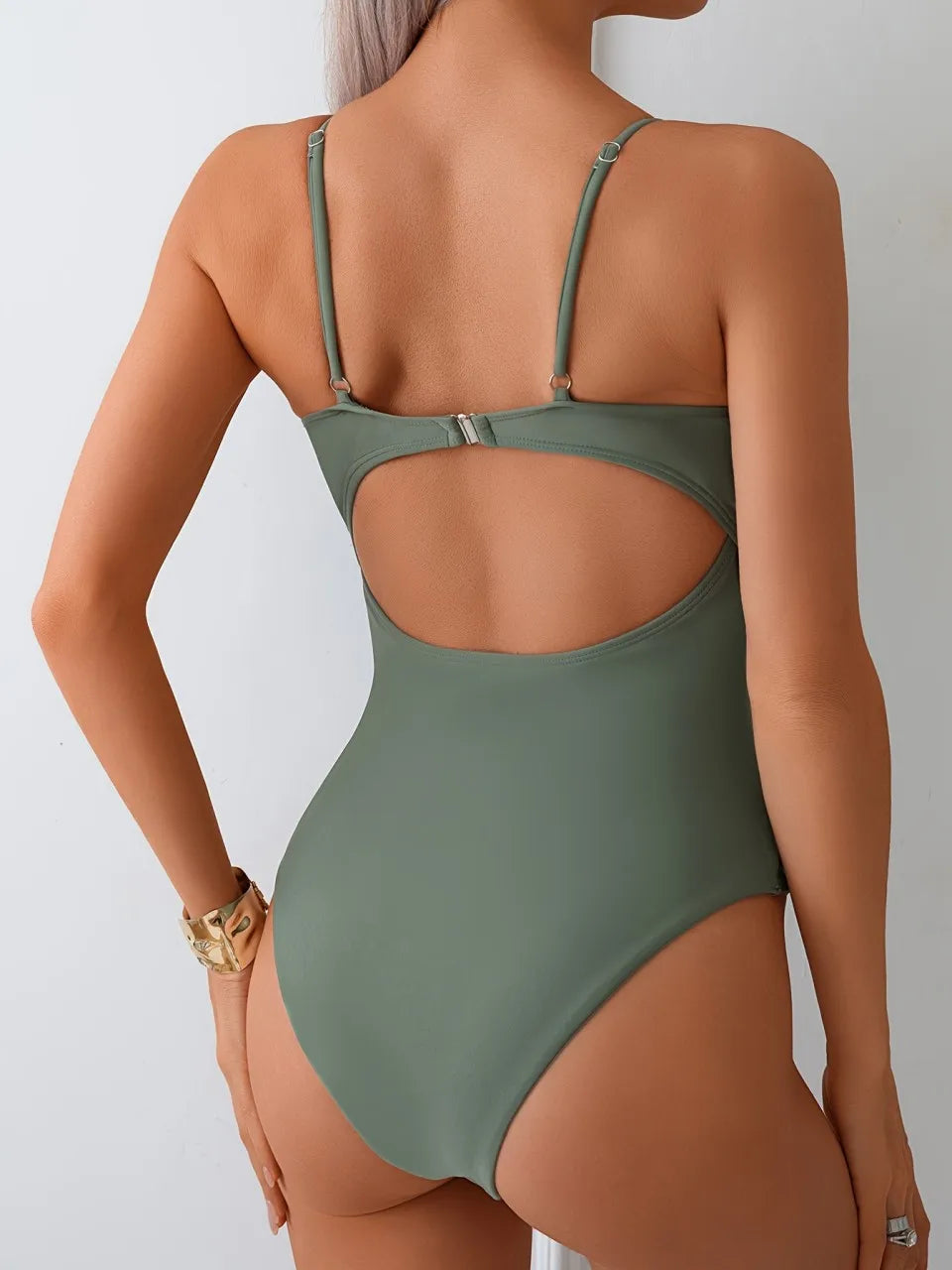 Slim Strappy Swimsuit One Piece Army Green Tie String Swimwear Female Bathers Bathing Swimming Suit Padded  Beachwear