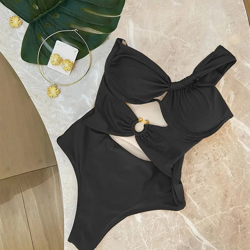 Women One-Piece Swimsuit One Shoulder Padded Swimwear Bikini Set Chain Bathing Suit Beachwear