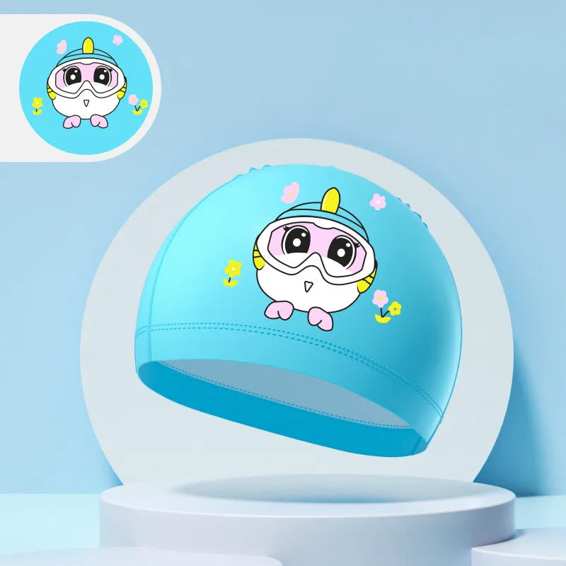 Children's Swimming Caps Boys Girls Kids Cartoon Swim Hat High Elastic Ear Protection PU Waterproof Swimming Cap