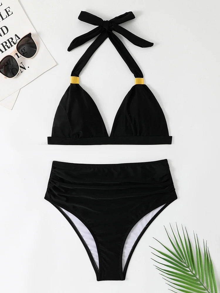 Solid Bathing Suit Women Two-piece High Waisted Chic Split Swimsuit Neck-mounted Low Cut Backless Beachwear Summer New