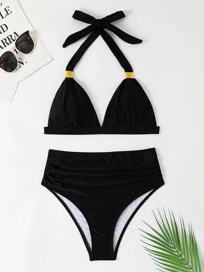 Solid Bathing Suit Women Two-piece High Waisted Chic Split Swimsuit Neck-mounted Low Cut Backless Beachwear Summer New