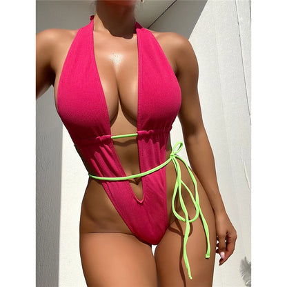 Deep V Neck Backless High Leg Cut Women Swimwear One Piece Swimsuit Female Wrap Around Monokini Bather Bathing Suit Swim