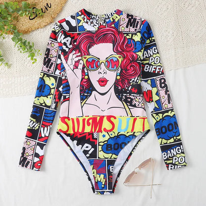 Surfing Sport Long Sleeves Swimsuit For Women Floral Printed High Quality Swimwear Patchwork Bathing Suit Tropical Summer