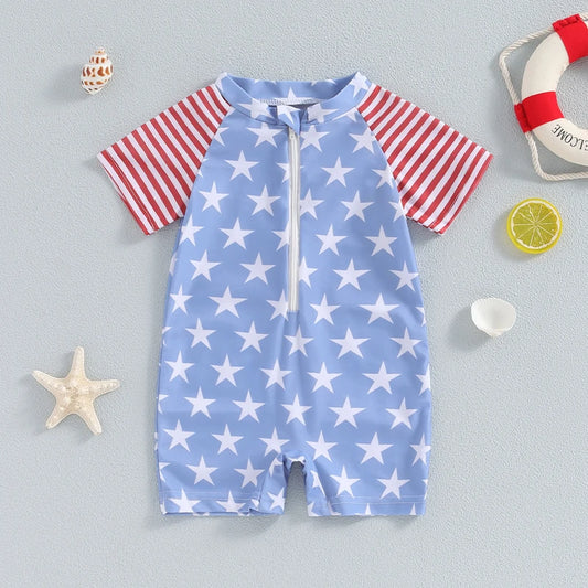 0-3Y Stars and Stripes Baby Boys Swimwear Patchwork Short Sleeve Star Stripe Print Zipper Swimsuit Beachwear