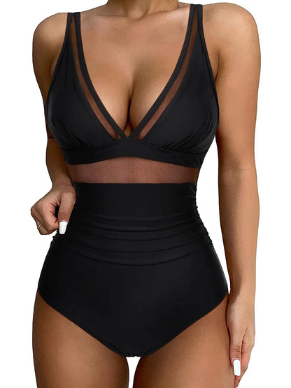 Mesh Panel Swimsuit One Piece High Cut Swimwear Women Solid Bathers Bathing Suit Female Backless Swimming Beachwear