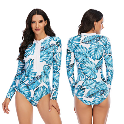 Rash Guard One Piece Swimwear Women Swimsuit  Floral Print Long Sleeves Rash Guard Surfing Monokini Bathing Suit Beach