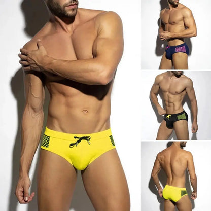 Quick-drying Swimming Trunks Stylish Men's Low-rise Swim Briefs with Drawstring Dot Print Stitching Summer Beach for Water