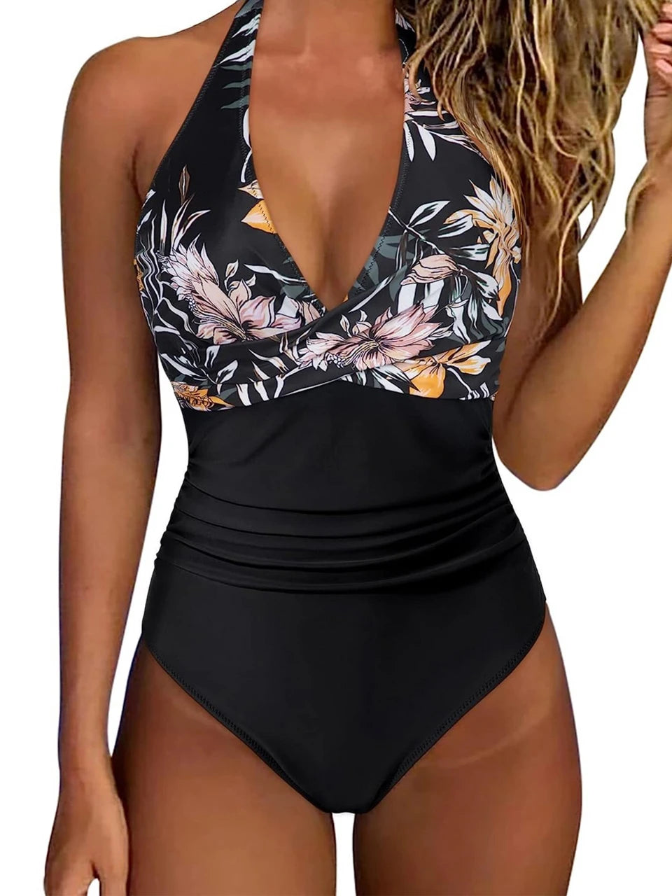 Halter Swimsuit Women One Piece Printed Cross Smocked Swimwear Female Bodysuit Bathing Swimming Suit Padded Beachwear