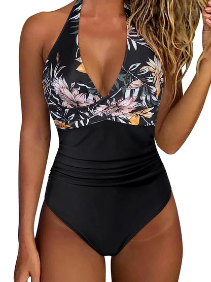Halter Swimsuit Women One Piece Printed Cross Smocked Swimwear Female Bodysuit Bathing Swimming Suit Padded Beachwear