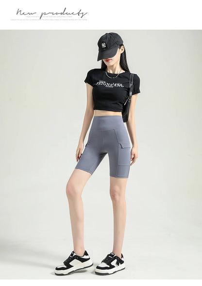 BIVIGAOS Summer New Cargo Pocket Shark Shorts Women's Sport Fitness Cycling Shorts High Waist Running Tight Biker Short Leggings