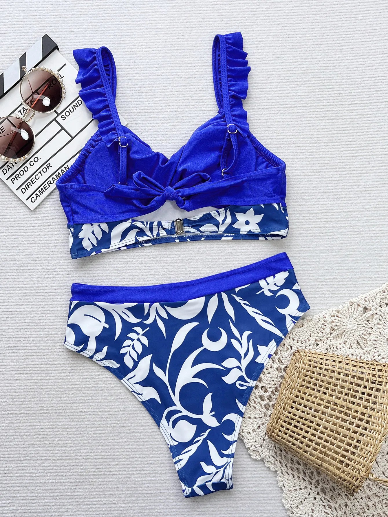 Blue Floral Patchwork Design Bikini Women High Waist Push UP Swimsuit Summer Backless Swimwear Summer Beach Lady Bathing Suit