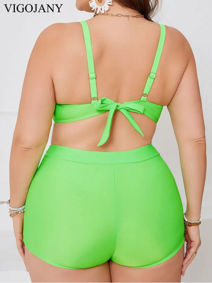 Solid Strapped Two Piece Plus Size Bikini Set Women Cross Push UP Swimsuit Brazilian High Waist Lady Bathing Suit