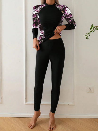 2 Pieces Long Sleeve Printed Swimsuit Women Surfing Diving Clothes Swimwear Female Beachwear Bathers Bathing Swimming Suit
