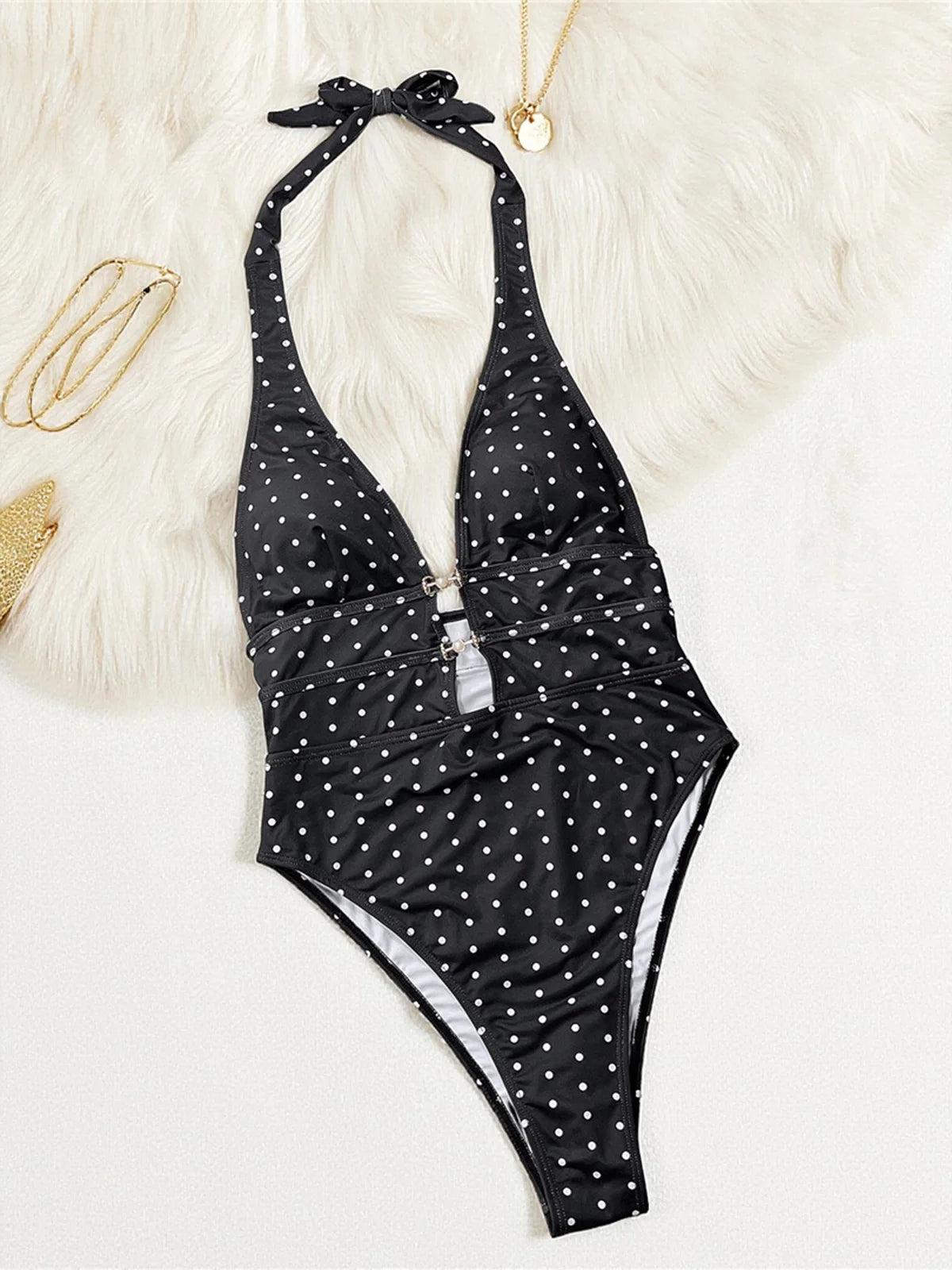 Polka Dots Halter Deep V Neck One Piece Swimsuit Women Swimwear Female Backless Monokini Padded Bather Bathing Suit Swim