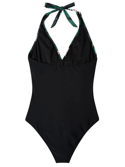 Halter Swimsuit Women One Piece Printed Cross Smocked Swimwear Female Bodysuit Bathing Swimming Suit Padded Beachwear