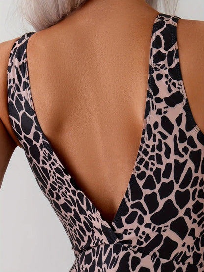 Brown Leopard Print Swimsuit Women One Piece Deep V Neck Swimwear Female Vintage Hollow Out Bathing Swimming Suit Beachwear