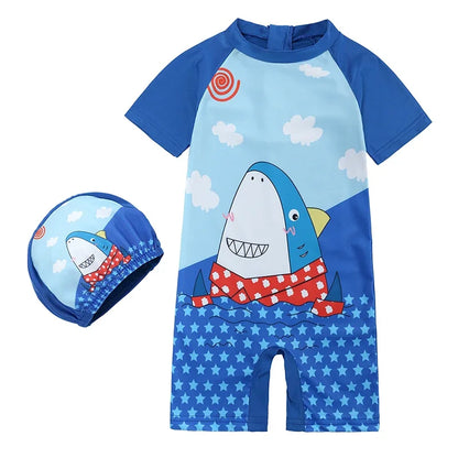 Baby Boys Girls 2pcs Summer Beach Swimwear Print Cartoon Cap+Bodysuit Infant Suit Outfit Bathing Swimsuit