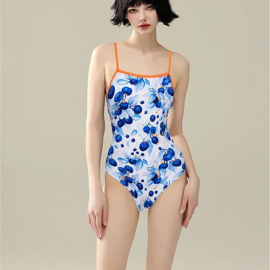 Women's Athletic One-piece Swimsuit Korean Version of the Nylon Fruit Print Slim and Thin Strap Halter Spa Swimwear Bathers Pool Squad