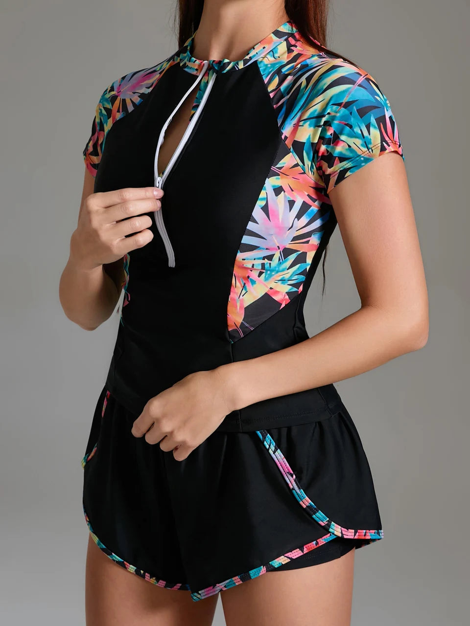 Women Sporty Swimsuit Two Piece Zipper Print Swimwear Female Surfing Diving Clothes Bathers Bathing Swimming Swim Suit