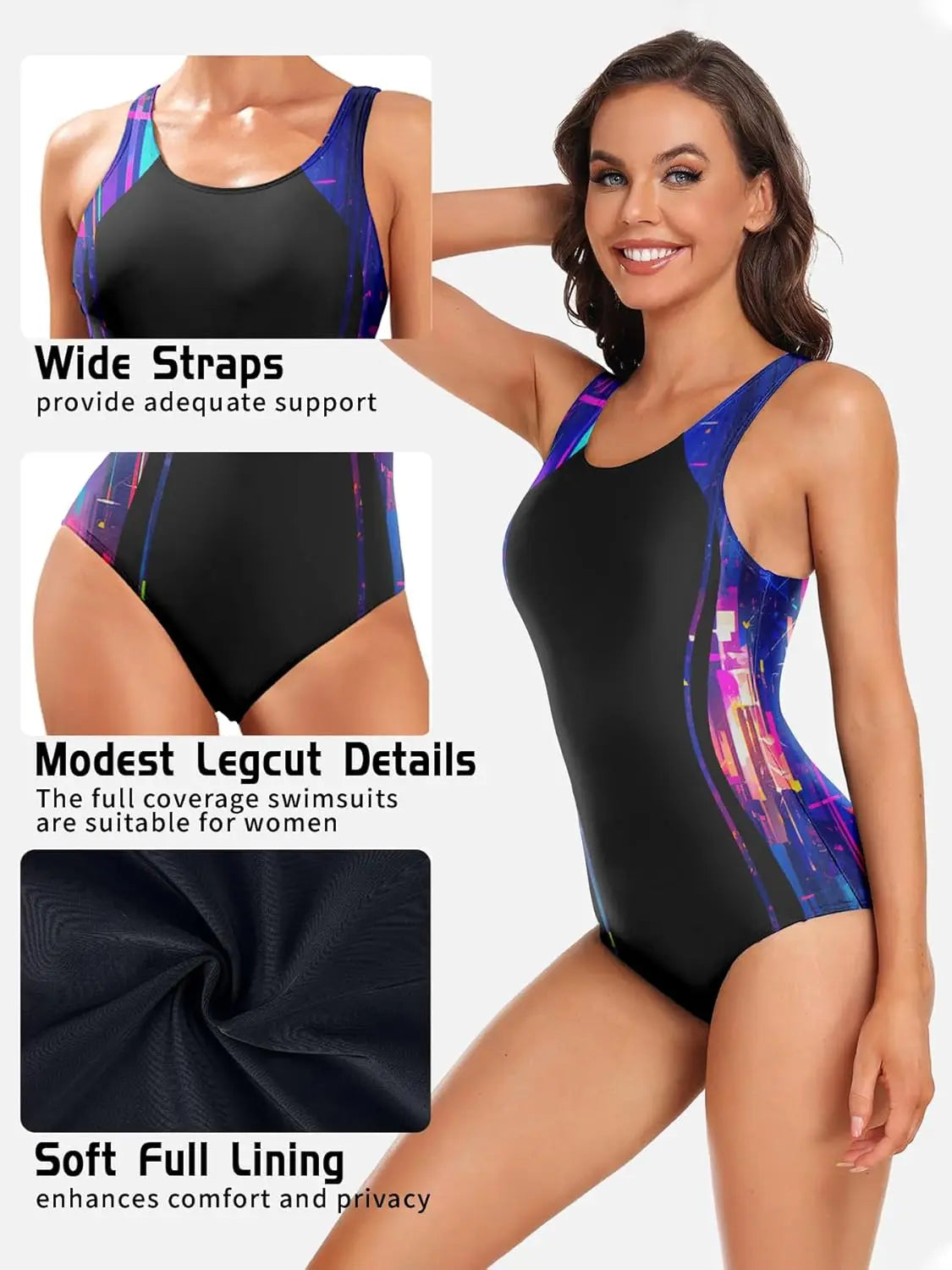 Multicolor Women's Athletic One-Piece Swimsuit, Training Sport Swimwear, Bathing Suit