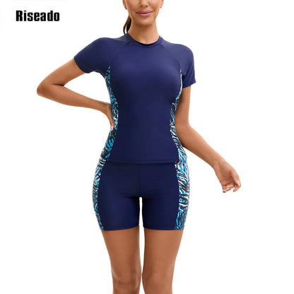 2 Piece Tankini Set High Waist Swimsuit Short Sleeve Rash Guard for Women Mock Neck Zipper Short Sleeve Bathing Suit