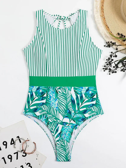 One Piece Swimsuit Women Striped Print Beachwear Hollow Out Lace Up Monokini Summer 2026 Bikinis Beach Fashion Bodysuit