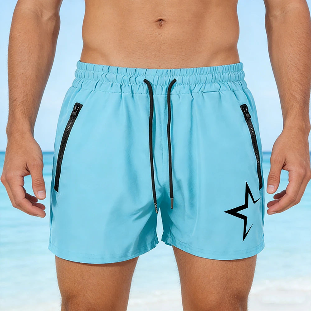 Men's Swimming Trunks with Double Zipper Pockets Summer Quick Dry Beach Shorts Star Print Gym Fitness Running Sport Shorts