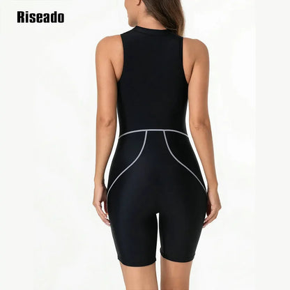 Athletic Women's Boyleg One Piece Swimsuit Knee Length Zip Front Sports Bathing Suit Big Size