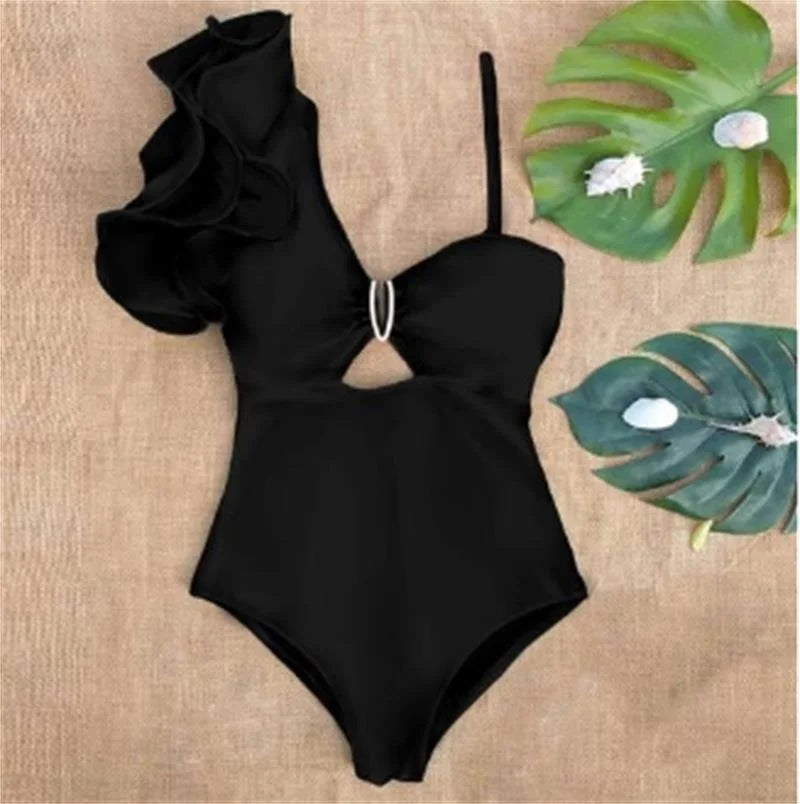 Ruffle Print Floral One Piece Strappy One shoulder Swimwear Women Swimsuit Bathing Suit Backless Beachwear Monkini