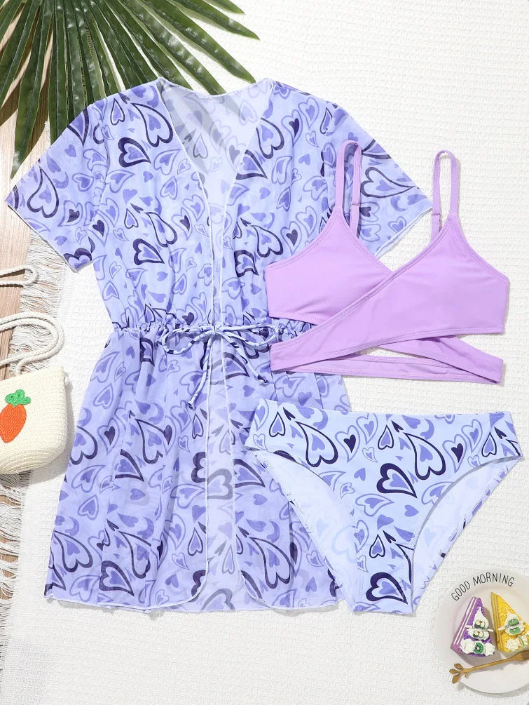 Girls 3pack Heart Print Bikini Sets with Kimono Cross Wrap Swimsuit Kids 7-12 Years Children's Swimwear 2024 Teens Bathing Suit
