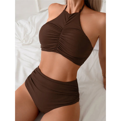 Halter Wrinkled High Neck Female Swimsuit High Waist Bikini Women Swimwear Two-pieces Bikini set Bather Bathing Suit Swim