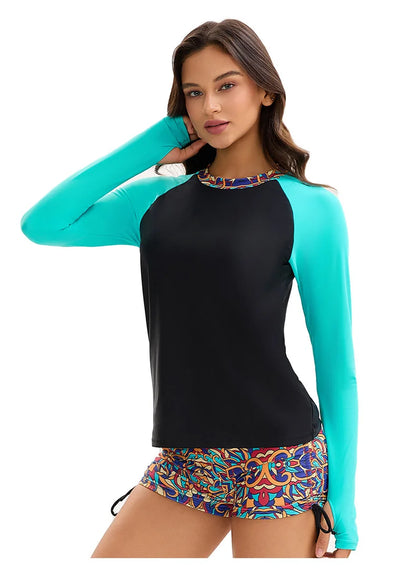Women's 2-Piece Swim Set  Rash Guard - Color Block Long Sleeve & Printed Boy Shorts