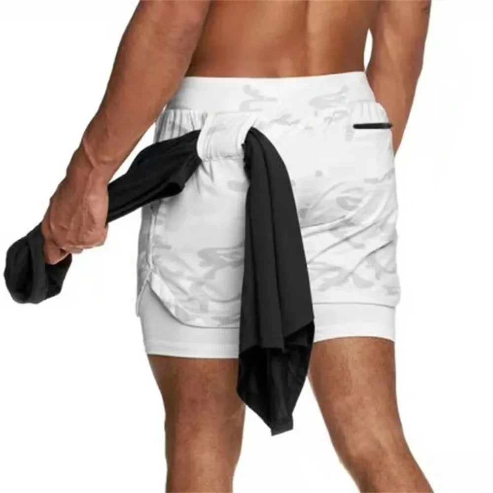 Camouflage running shorts for men's gym sports shorts 2-in-1 quick drying exercise training gym fitness jogging shorts for summer
