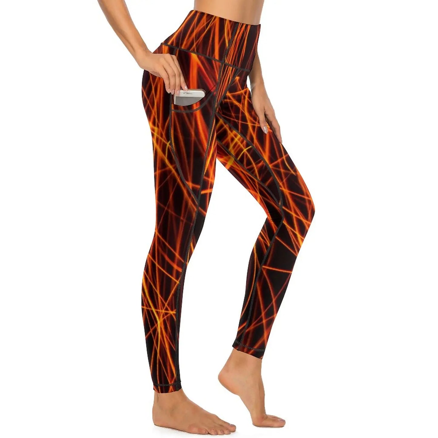 Red Fire Yoga Pants Pockets Abstract Print Leggings Push Up Kawaii Yoga Sports Tights Quick-Dry Workout Gym Leggins